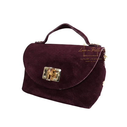 Genuine Suede Mini Top Handle Bag with Bamboo Twist Lock & Chain Strap