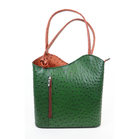 Two-Tone Ostrich Style Genuine Italian Leather Convertible Handbag and Backpack - Lussoinpelle Green and Tan Bakcpack