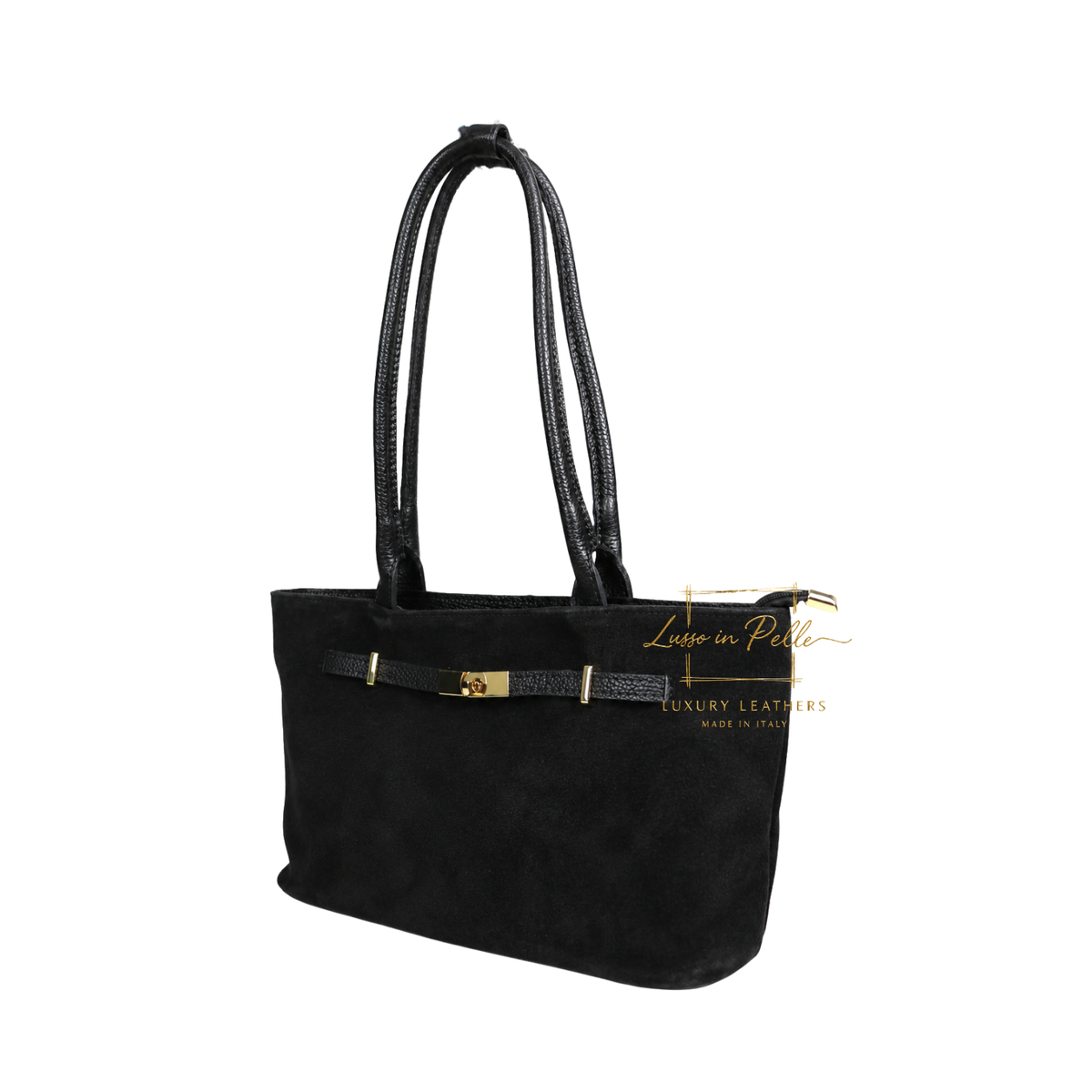 Genuine Leather Suede Shoulder Bag with Gold Turn Lock Detail