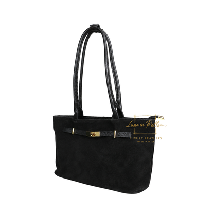 Genuine Leather Suede Shoulder Bag with Gold Turn Lock Detail
