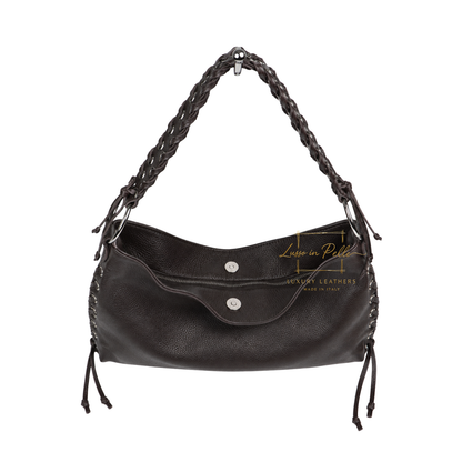 Genuine Leather Shoulder Bag with Lace-Up Detail