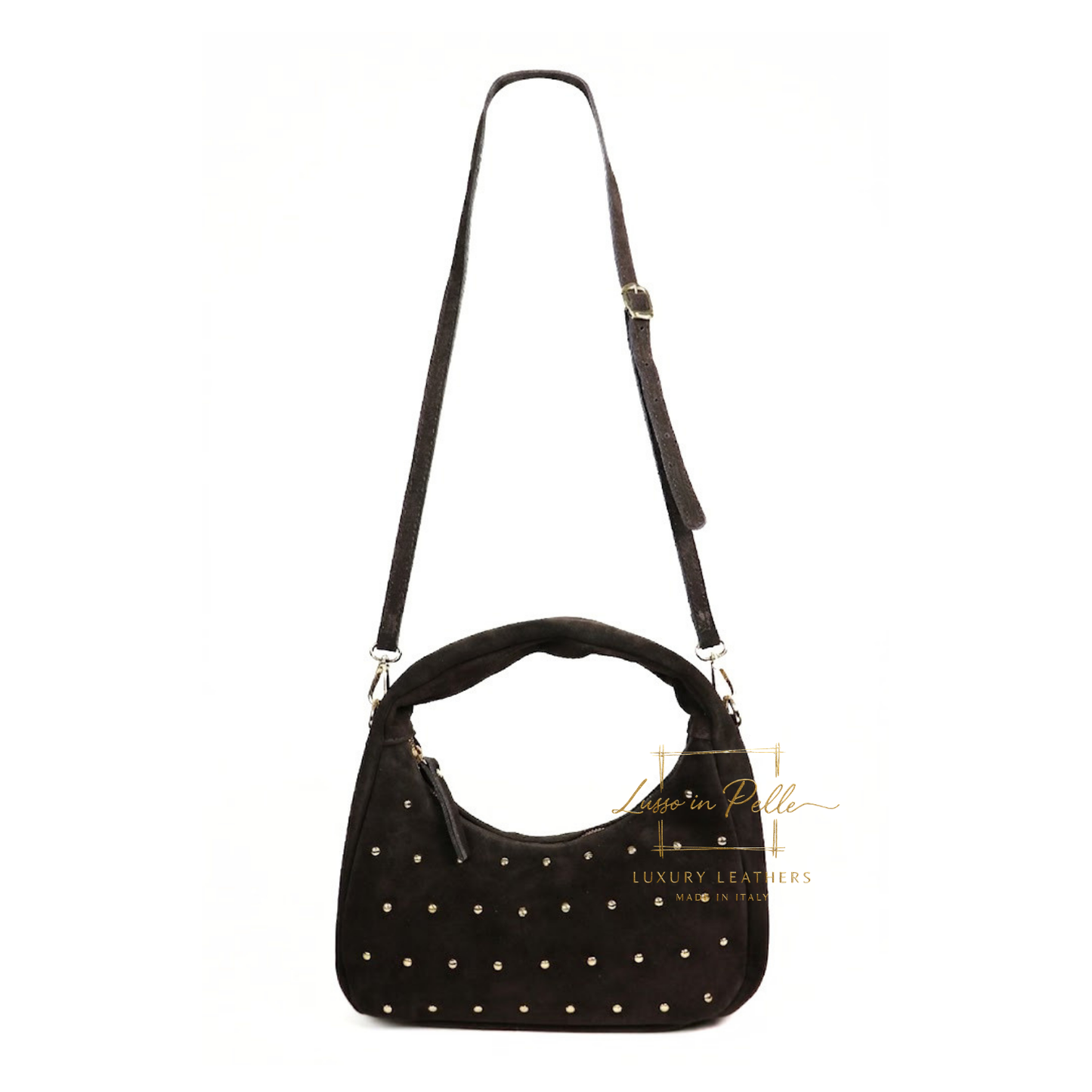 Soft Genuine Suede Shoulder Bag with Gold Stud Detail