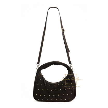Soft Genuine Suede Shoulder Bag with Gold Stud Detail