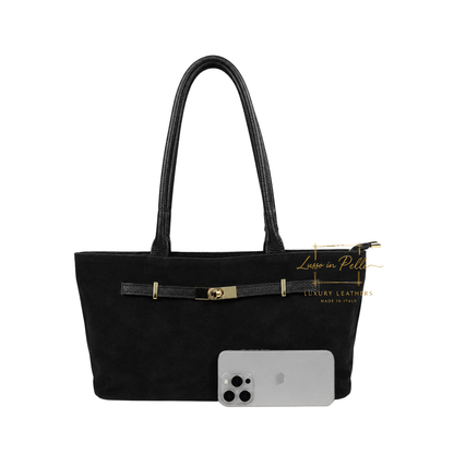 Genuine Leather Suede Shoulder Bag with Gold Turn Lock Detail
