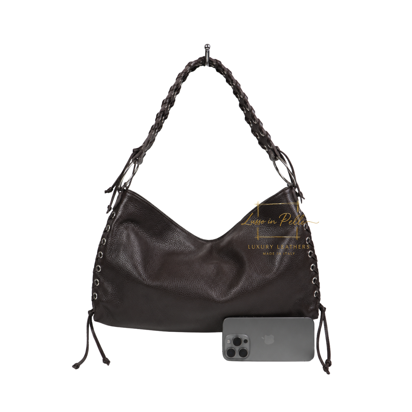 Genuine Leather Shoulder Bag with Lace-Up Detail