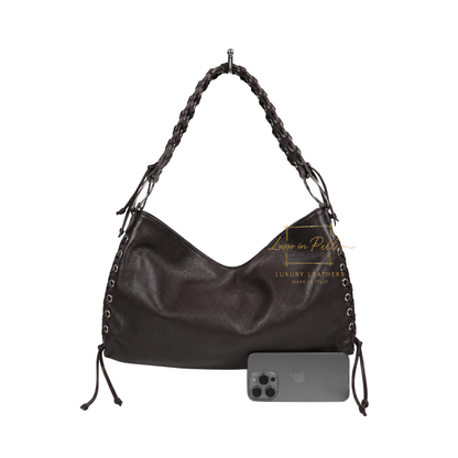 Genuine Leather Shoulder Bag with Lace-Up Detail
