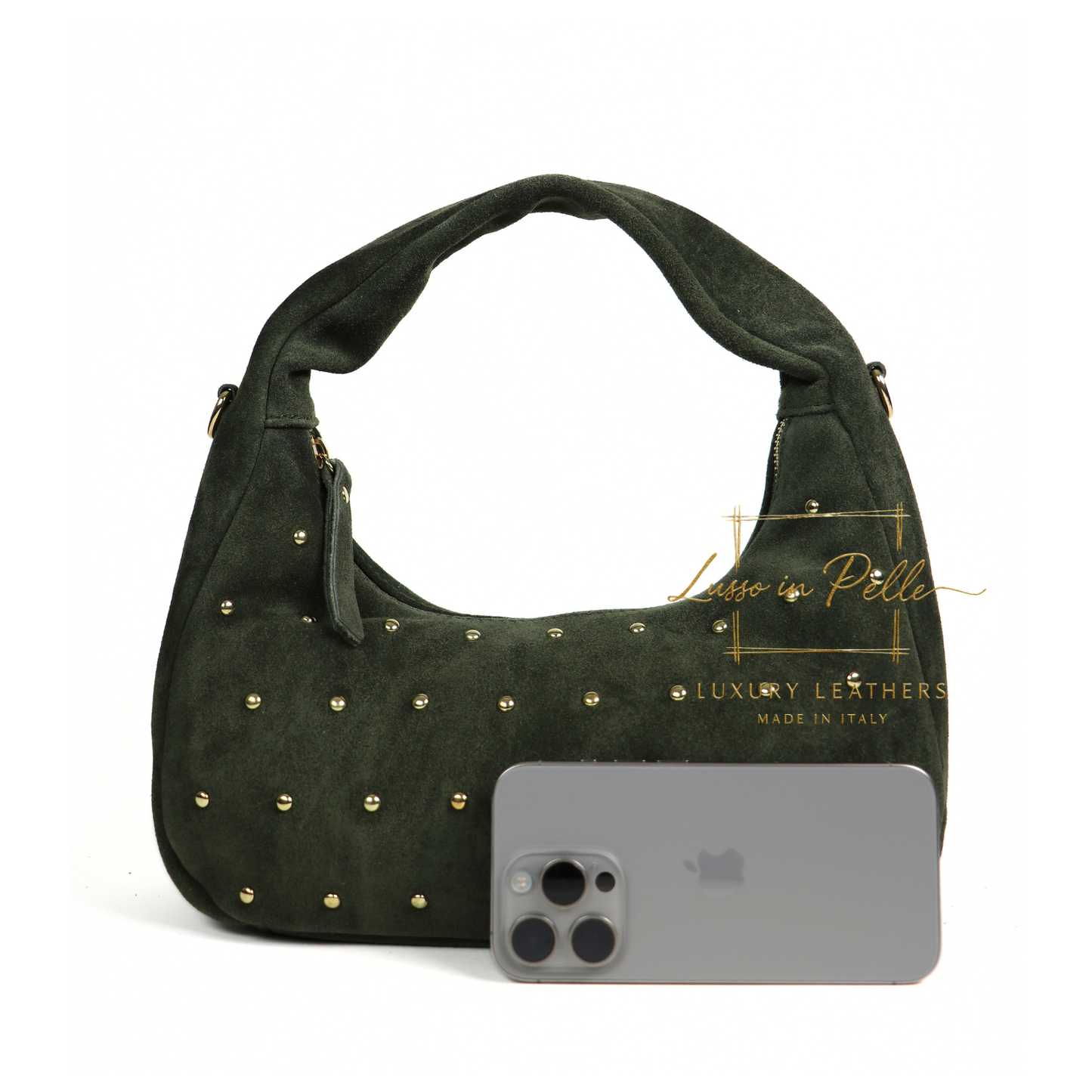 Soft Genuine Suede Shoulder Bag with Gold Stud Detail
