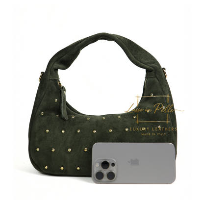 Soft Genuine Suede Shoulder Bag with Gold Stud Detail