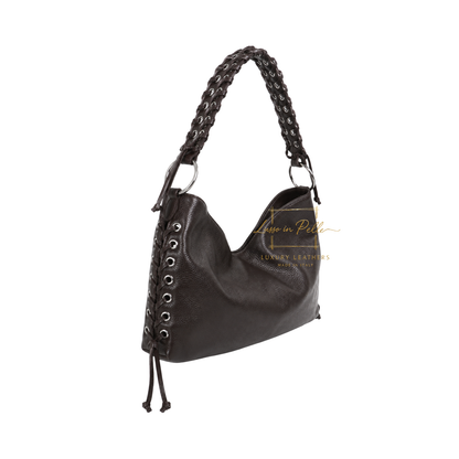 Genuine Leather Shoulder Bag with Lace-Up Detail