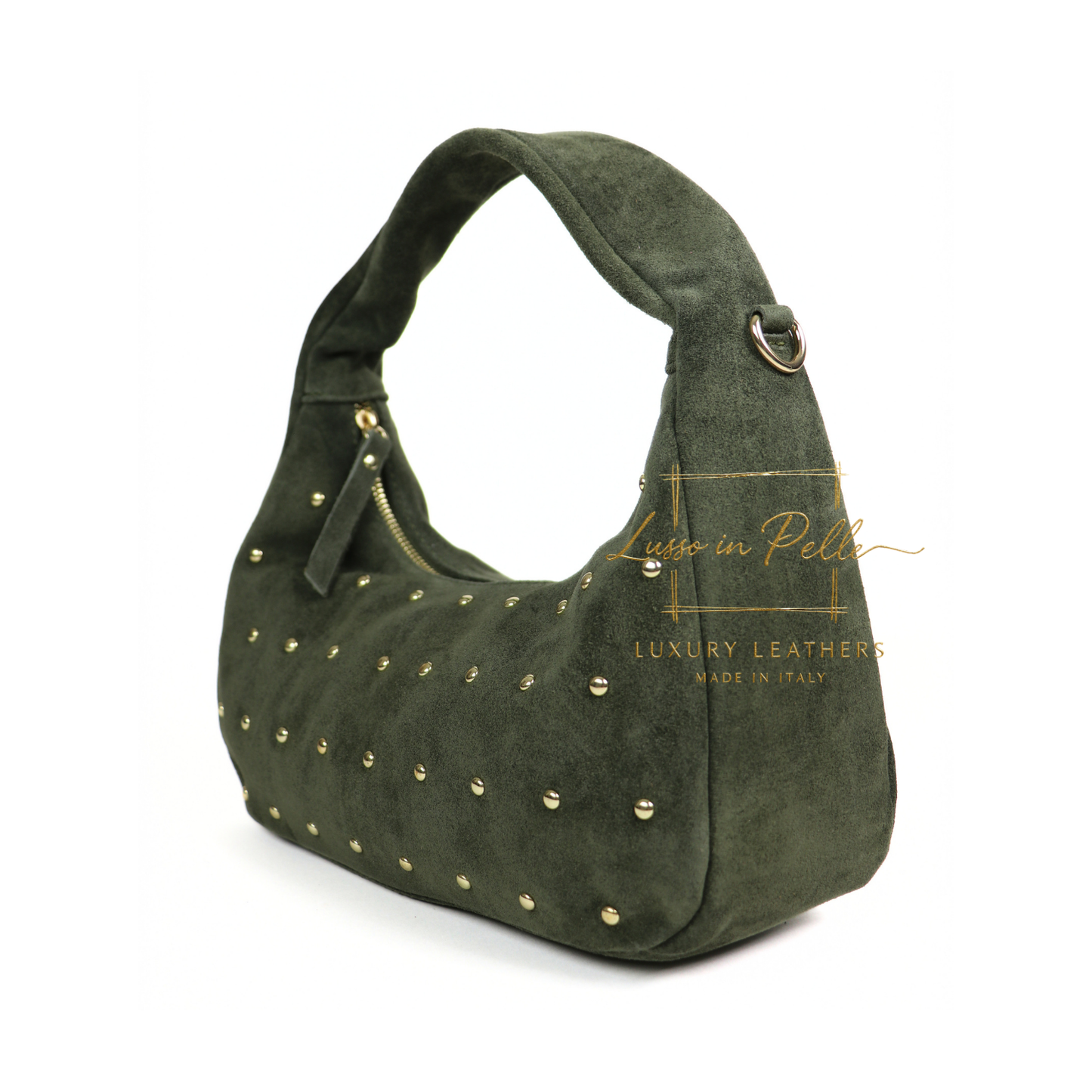 Soft Genuine Suede Shoulder Bag with Gold Stud Detail