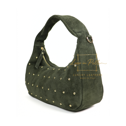 Soft Genuine Suede Shoulder Bag with Gold Stud Detail