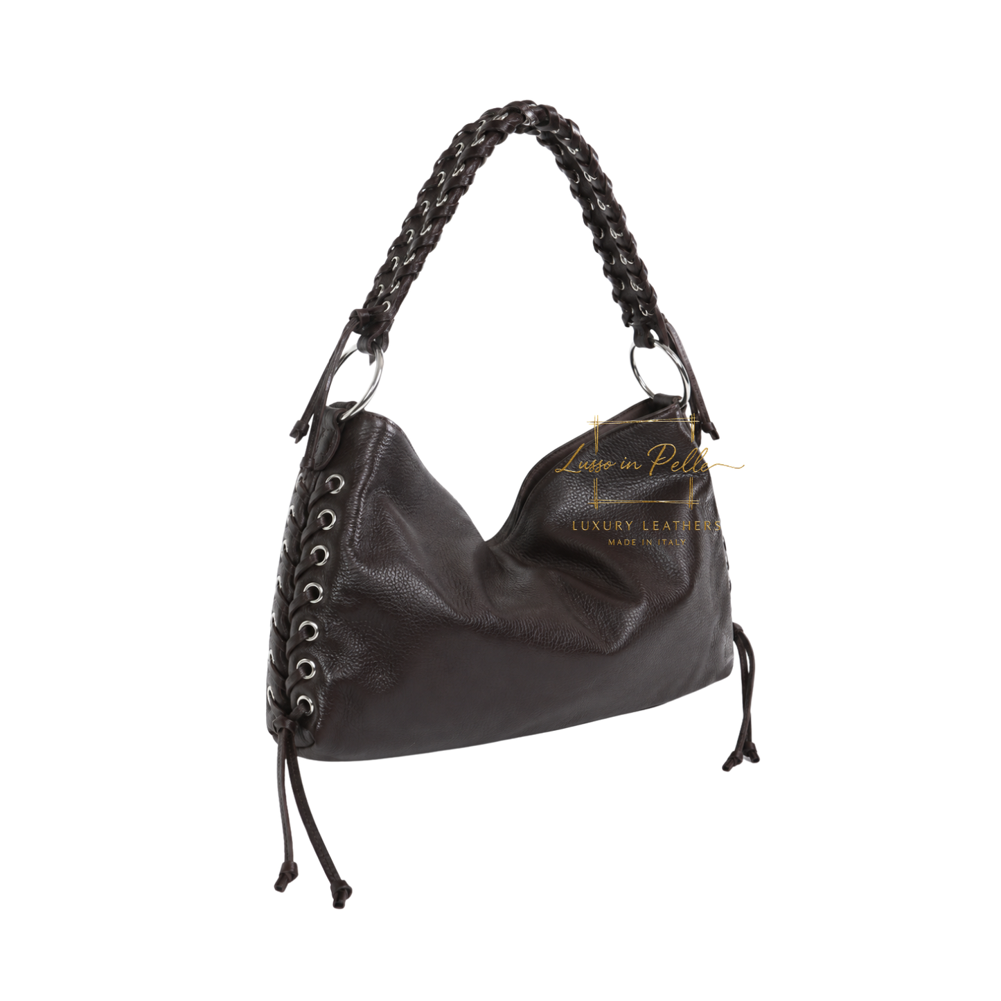 Genuine Leather Shoulder Bag with Lace-Up Detail