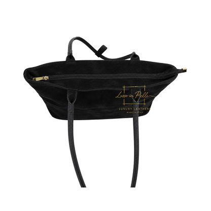Genuine Leather Suede Shoulder Bag with Gold Turn Lock Detail