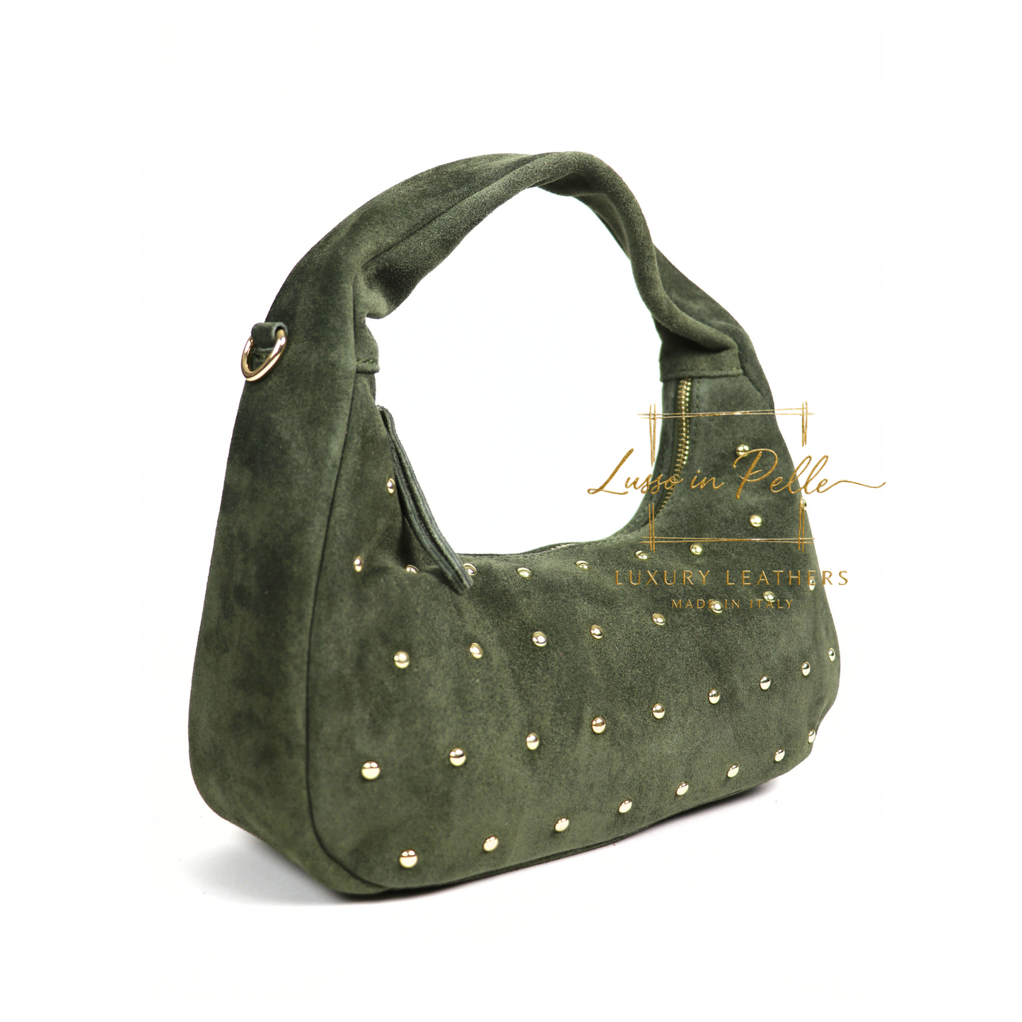 Soft Genuine Suede Shoulder Bag with Gold Stud Detail