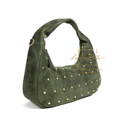 Soft Genuine Suede Shoulder Bag with Gold Stud Detail