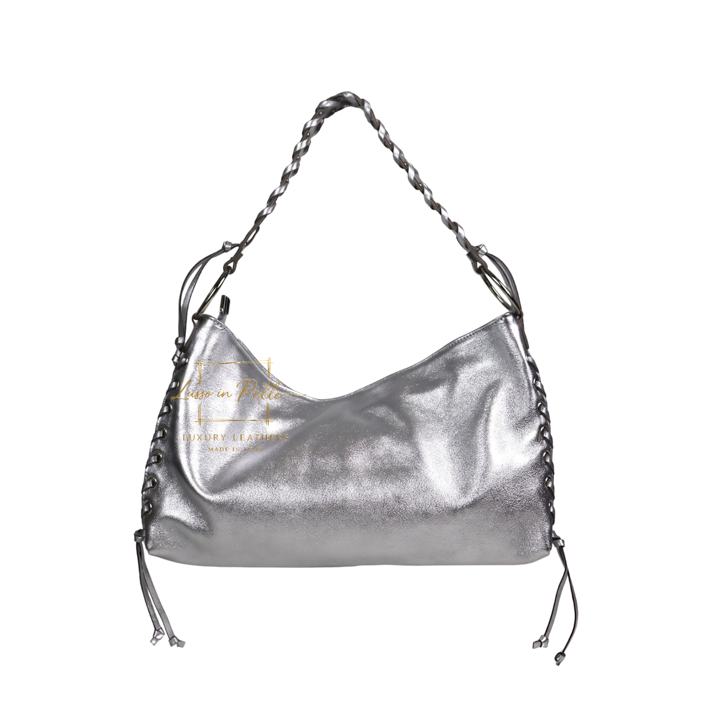 Genuine Leather Shoulder Bag with Lace-Up Detail
