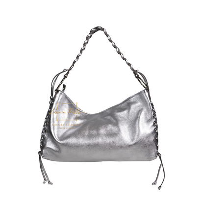 Genuine Leather Shoulder Bag with Lace-Up Detail