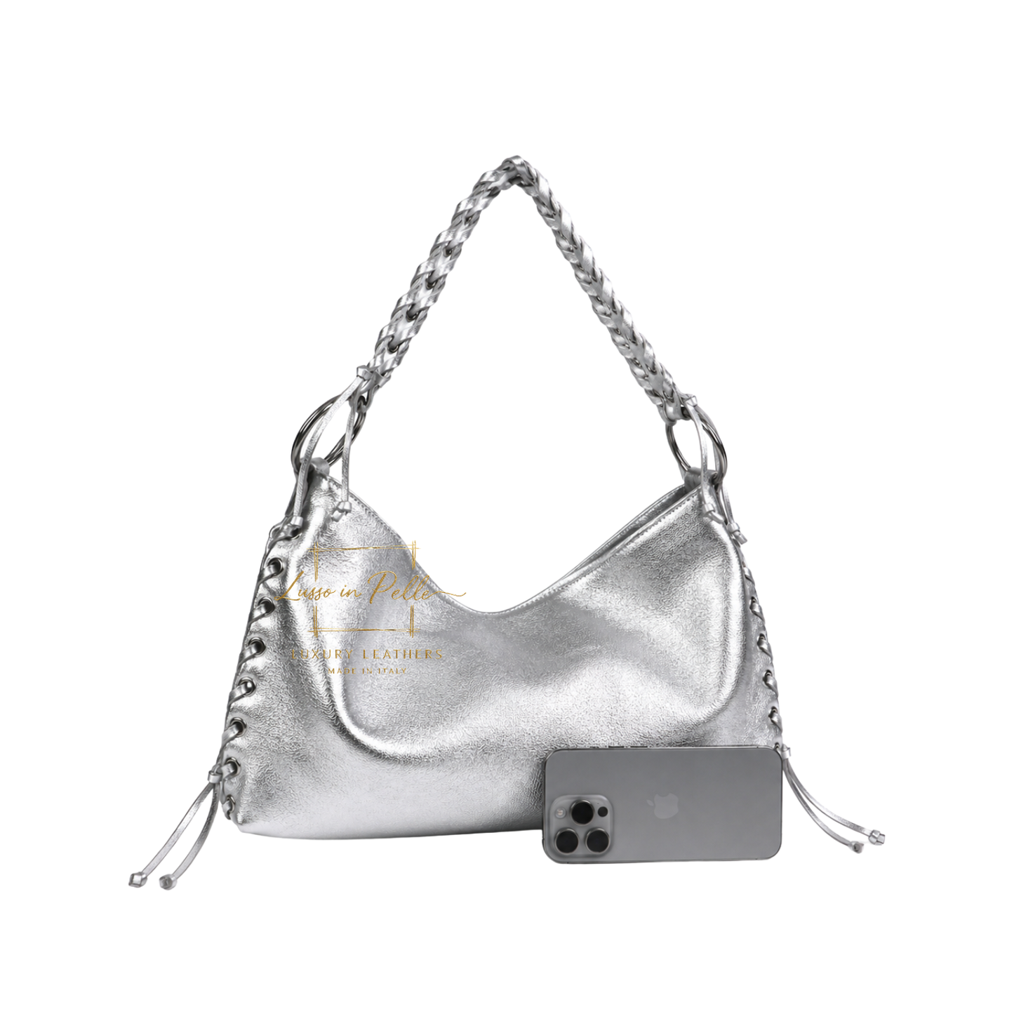 Genuine Leather Shoulder Bag with Lace-Up Detail