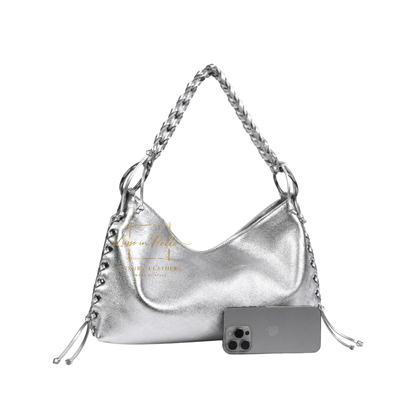 Genuine Leather Shoulder Bag with Lace-Up Detail