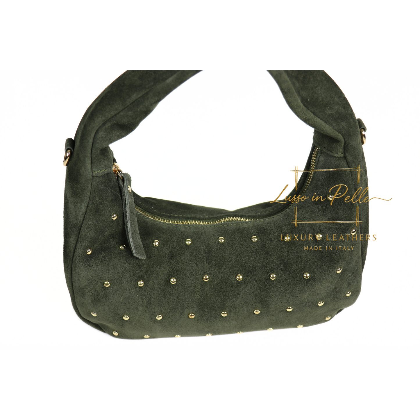 Soft Genuine Suede Shoulder Bag with Gold Stud Detail