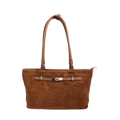 Genuine Leather Suede Shoulder Bag with Gold Turn Lock Detail