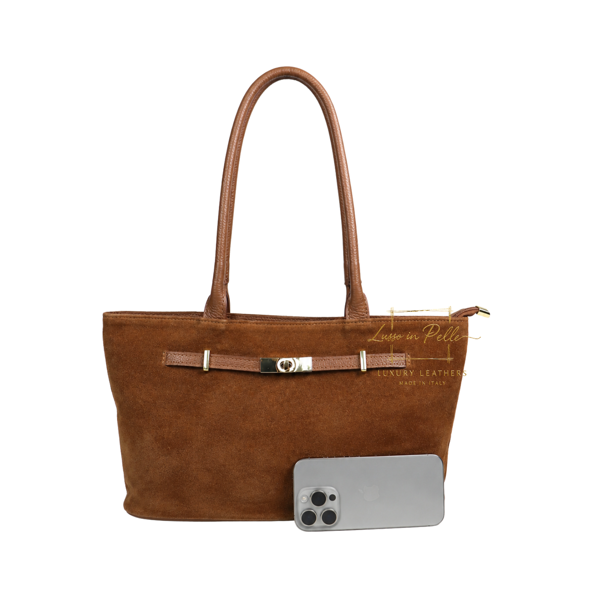 Genuine Leather Suede Shoulder Bag with Gold Turn Lock Detail