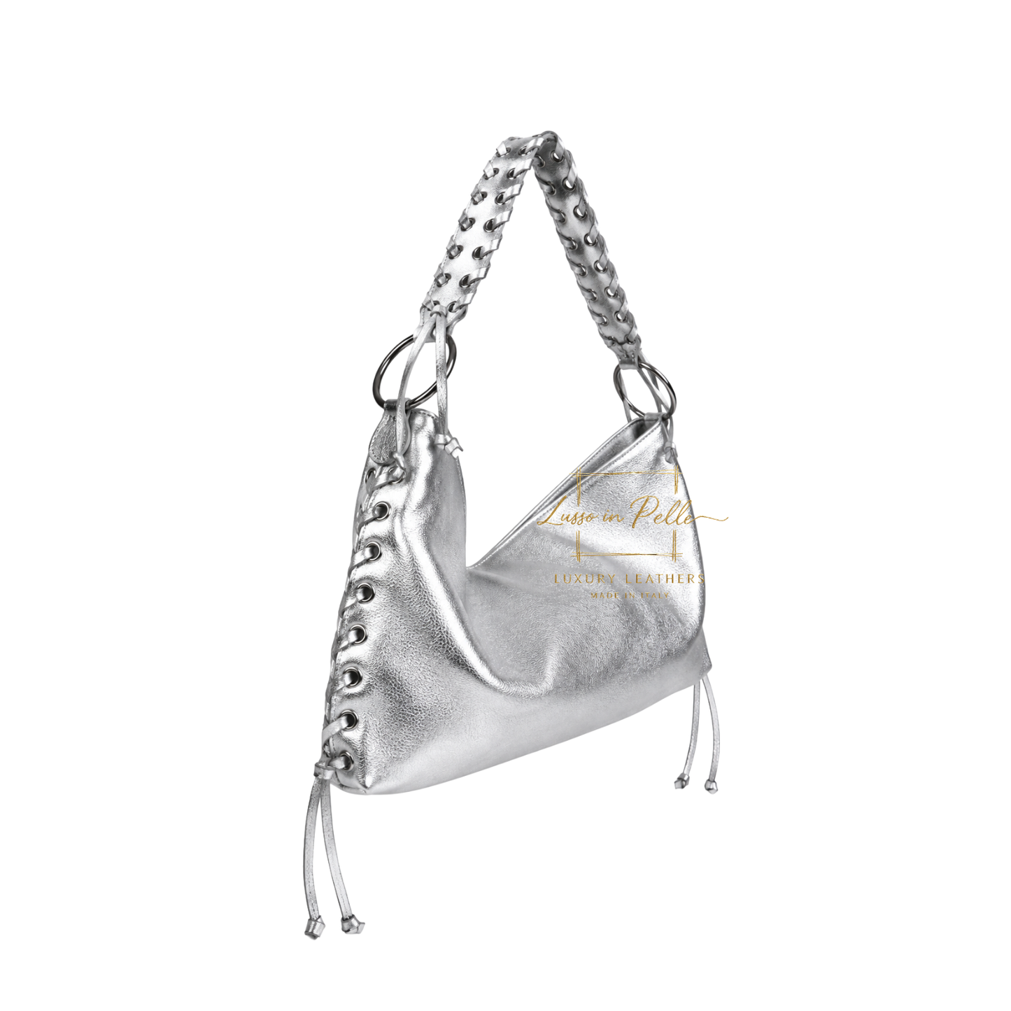 Genuine Leather Shoulder Bag with Lace-Up Detail