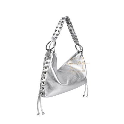Genuine Leather Shoulder Bag with Lace-Up Detail