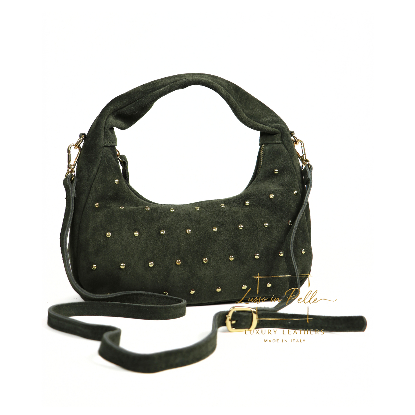 Soft Genuine Suede Shoulder Bag with Gold Stud Detail