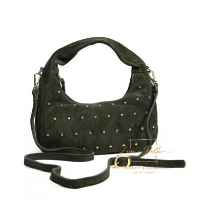 Soft Genuine Suede Shoulder Bag with Gold Stud Detail