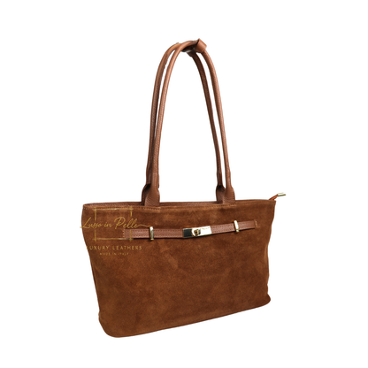 Genuine Leather Suede Shoulder Bag with Gold Turn Lock Detail