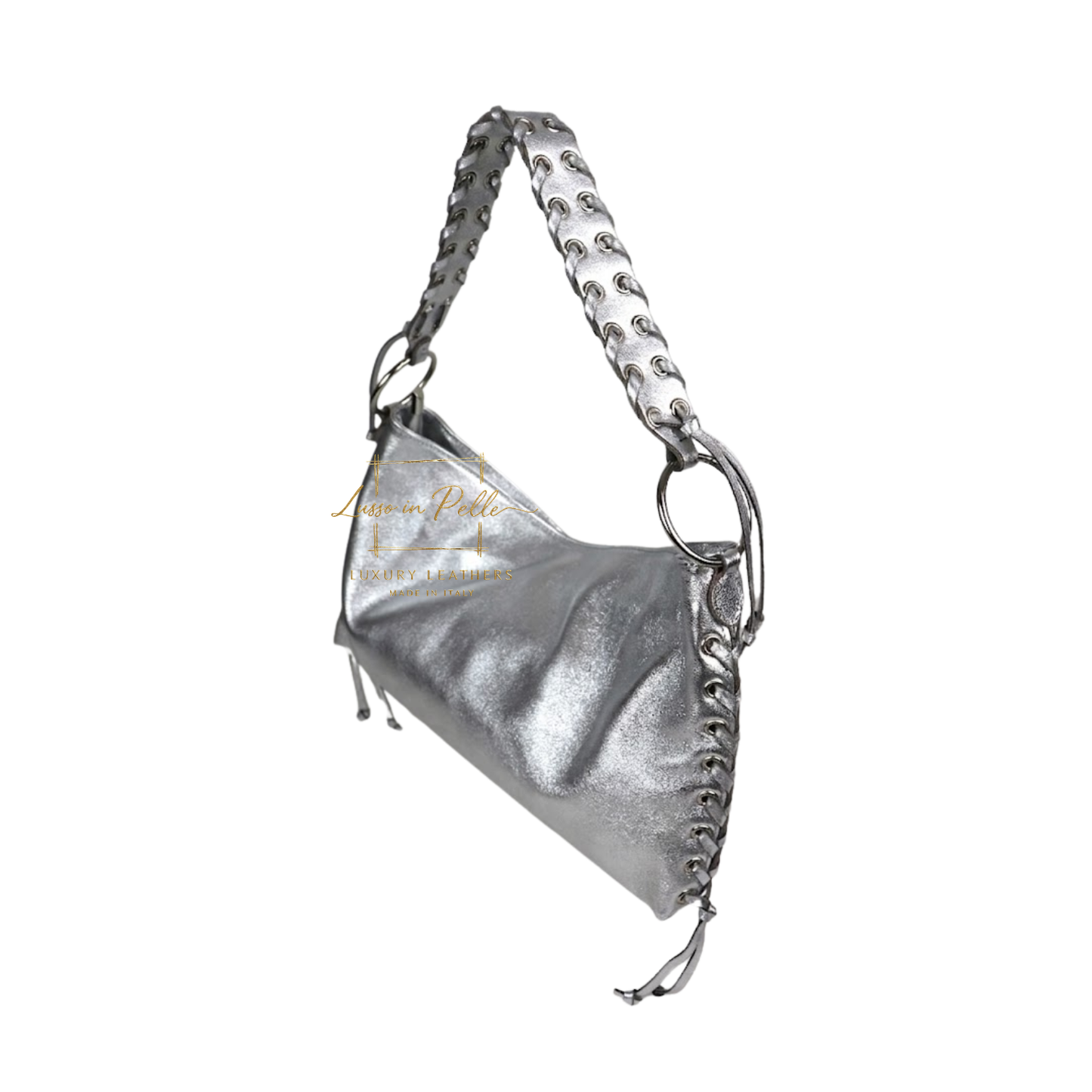 Genuine Leather Shoulder Bag with Lace-Up Detail