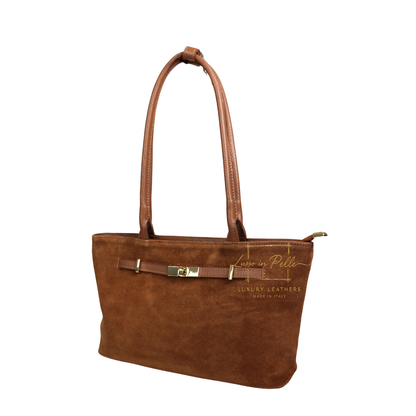 Genuine Leather Suede Shoulder Bag with Gold Turn Lock Detail