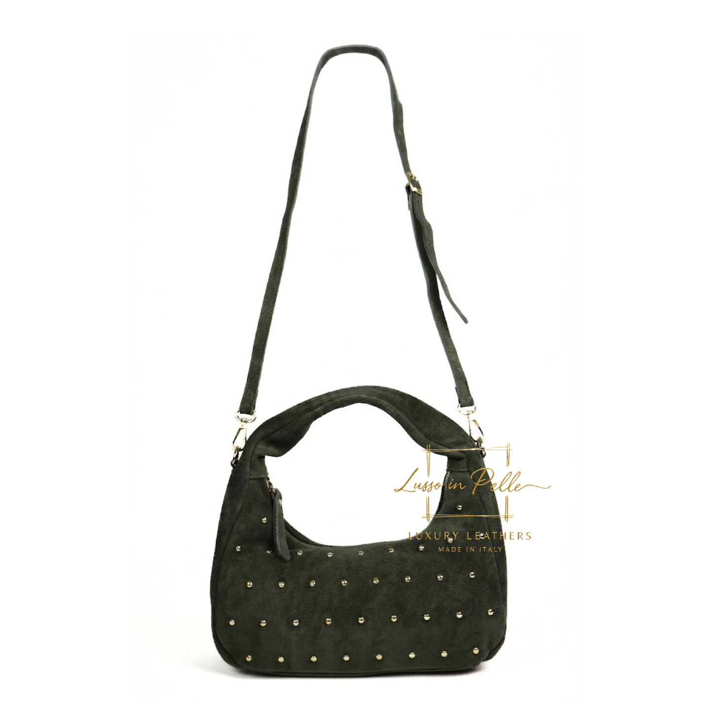 Soft Genuine Suede Shoulder Bag with Gold Stud Detail