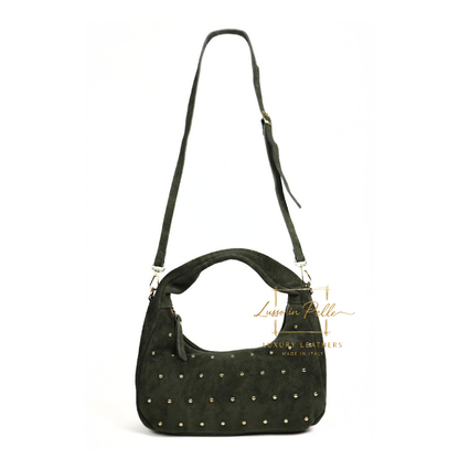 Soft Genuine Suede Shoulder Bag with Gold Stud Detail