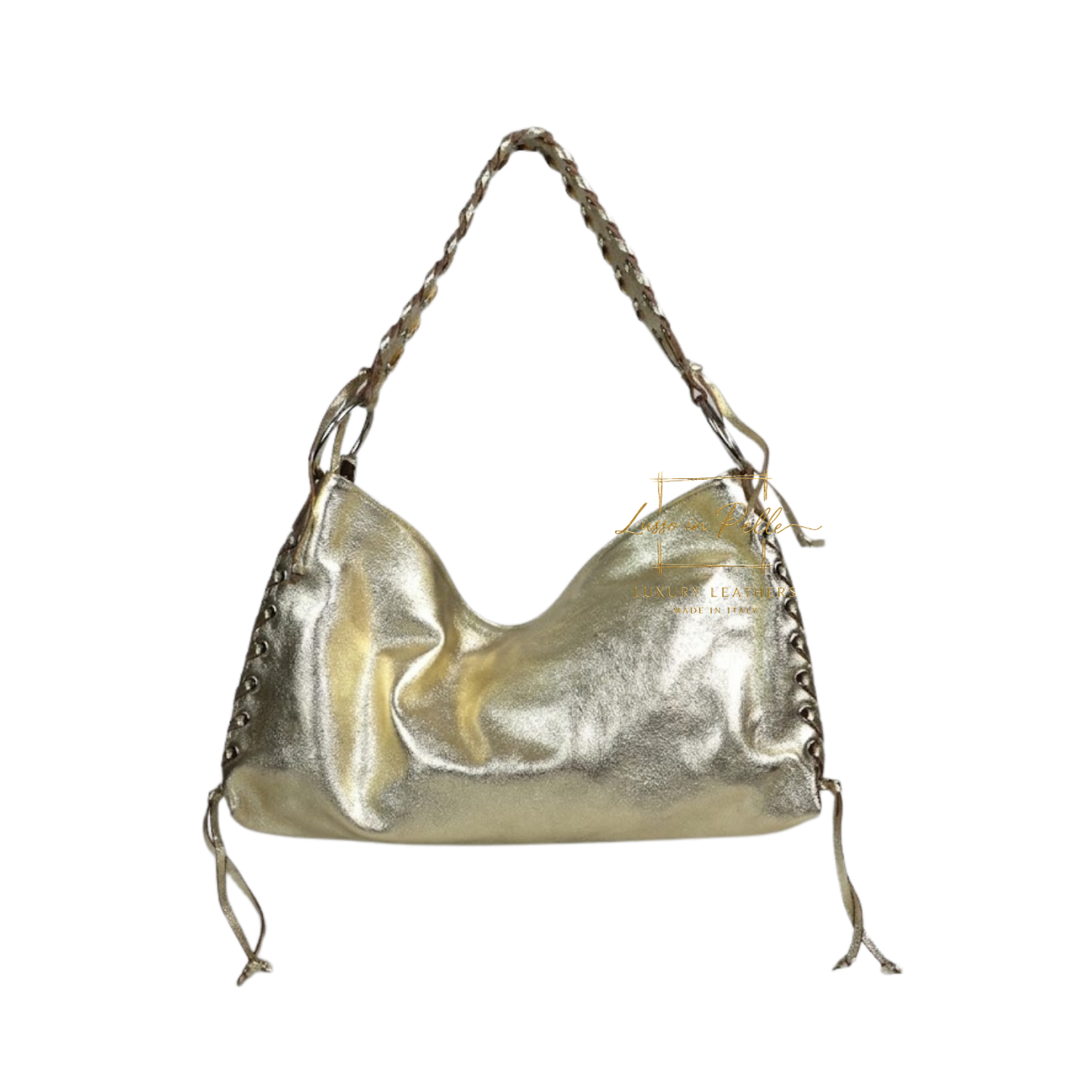 Genuine Leather Shoulder Bag with Lace-Up Detail