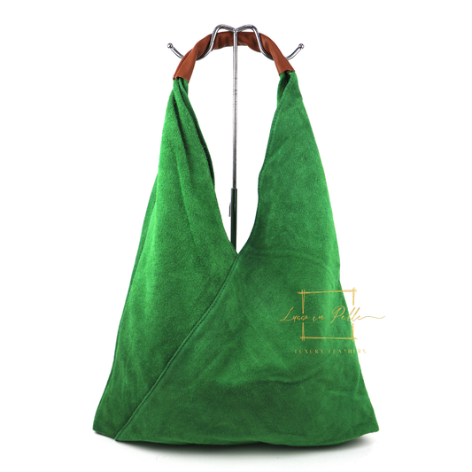 Milano Italian Suede Slouch Hobo Bag with Tan Leather Handle