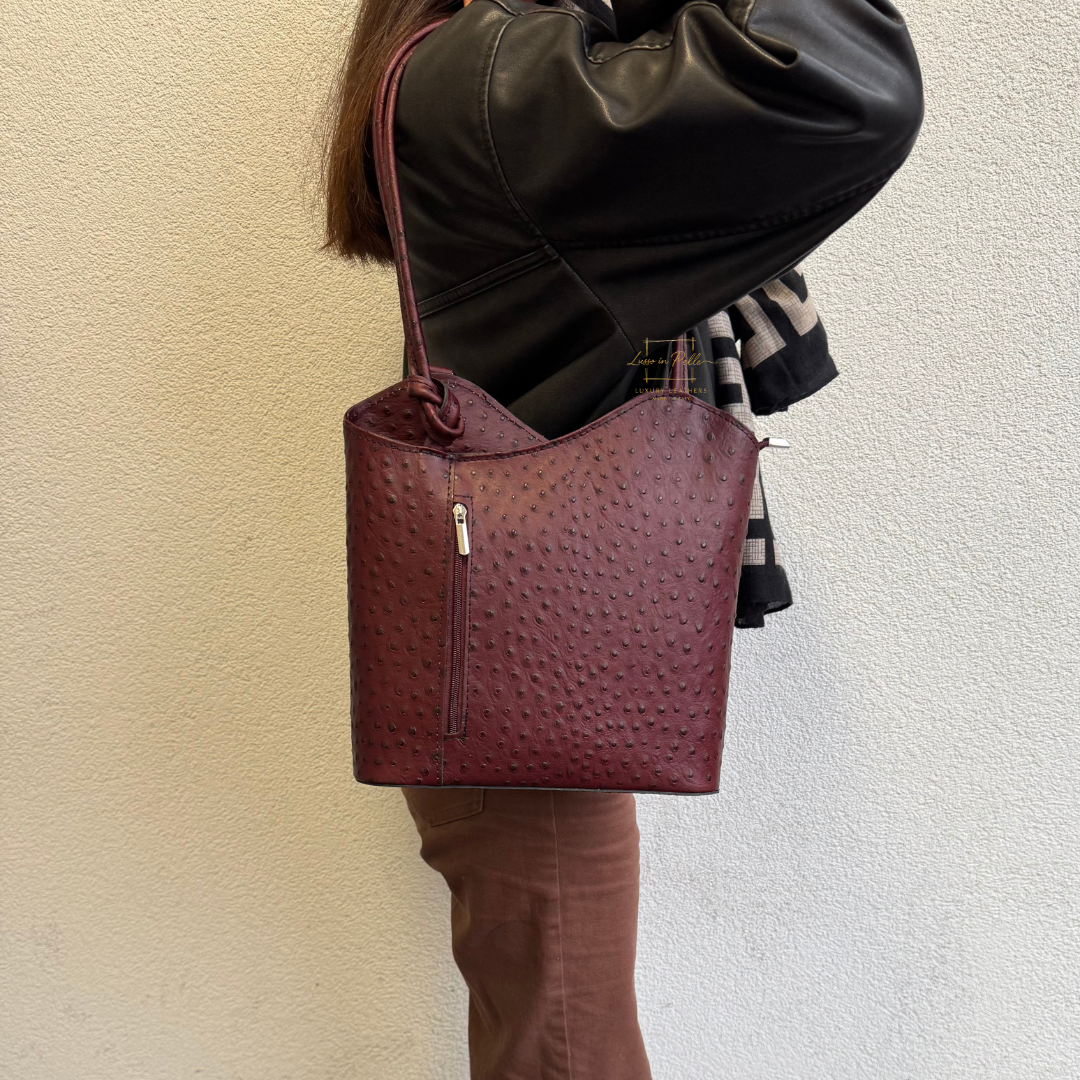 Ostrich Italian Leather Convertible Shoulder Bag Backpack