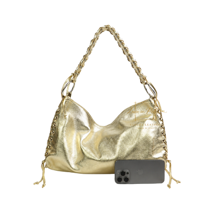 Genuine Leather Shoulder Bag with Lace-Up Detail
