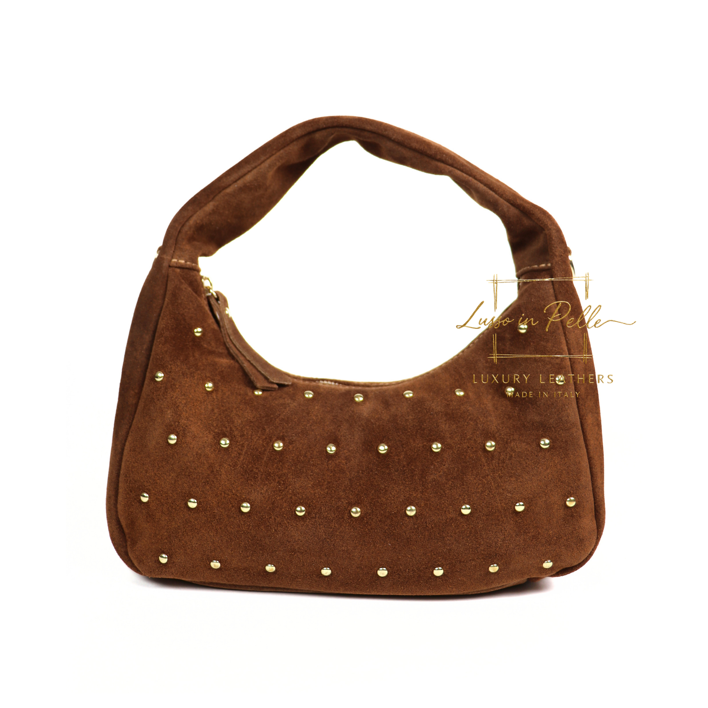 Soft Genuine Suede Shoulder Bag with Gold Stud Detail