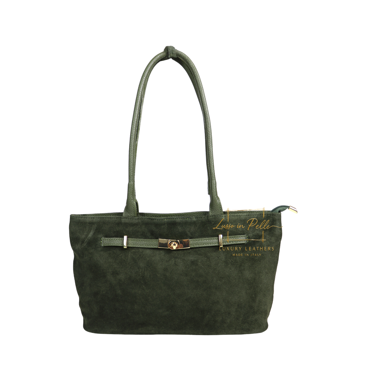 Genuine Leather Suede Shoulder Bag with Gold Turn Lock Detail