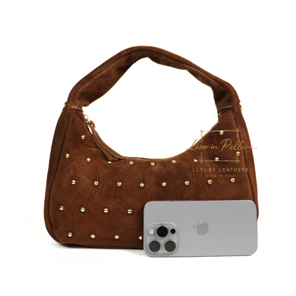 Soft Genuine Suede Shoulder Bag with Gold Stud Detail