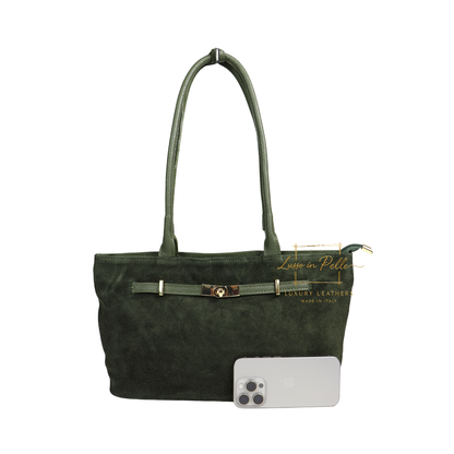 Genuine Leather Suede Shoulder Bag with Gold Turn Lock Detail