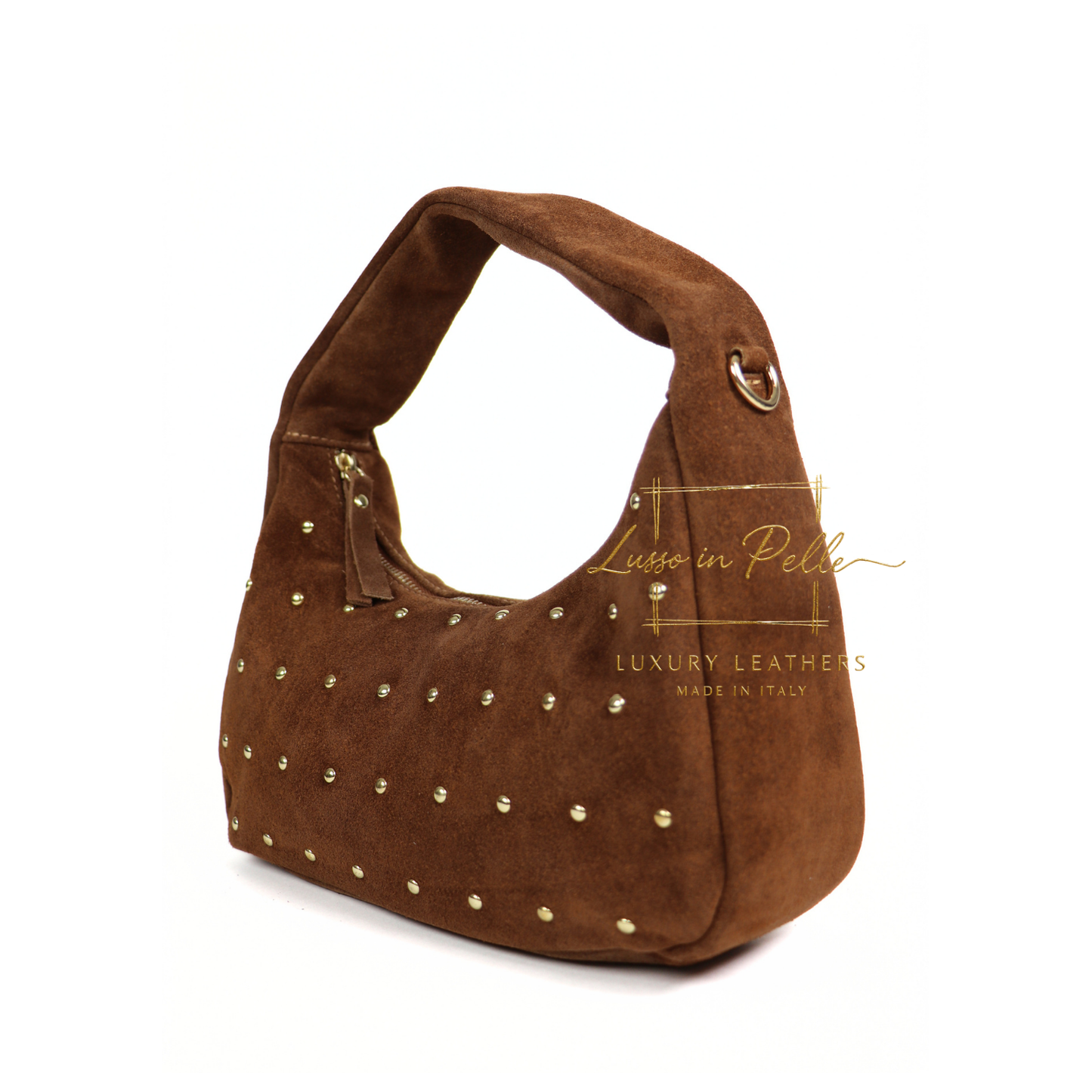 Soft Genuine Suede Shoulder Bag with Gold Stud Detail