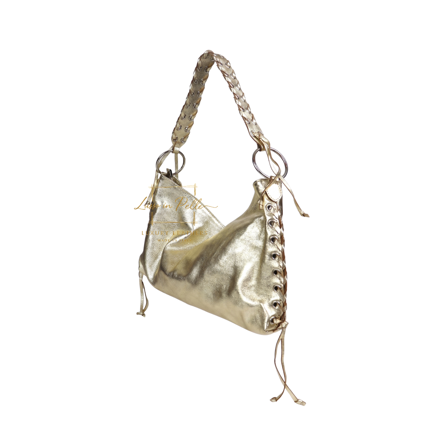 Genuine Leather Shoulder Bag with Lace-Up Detail
