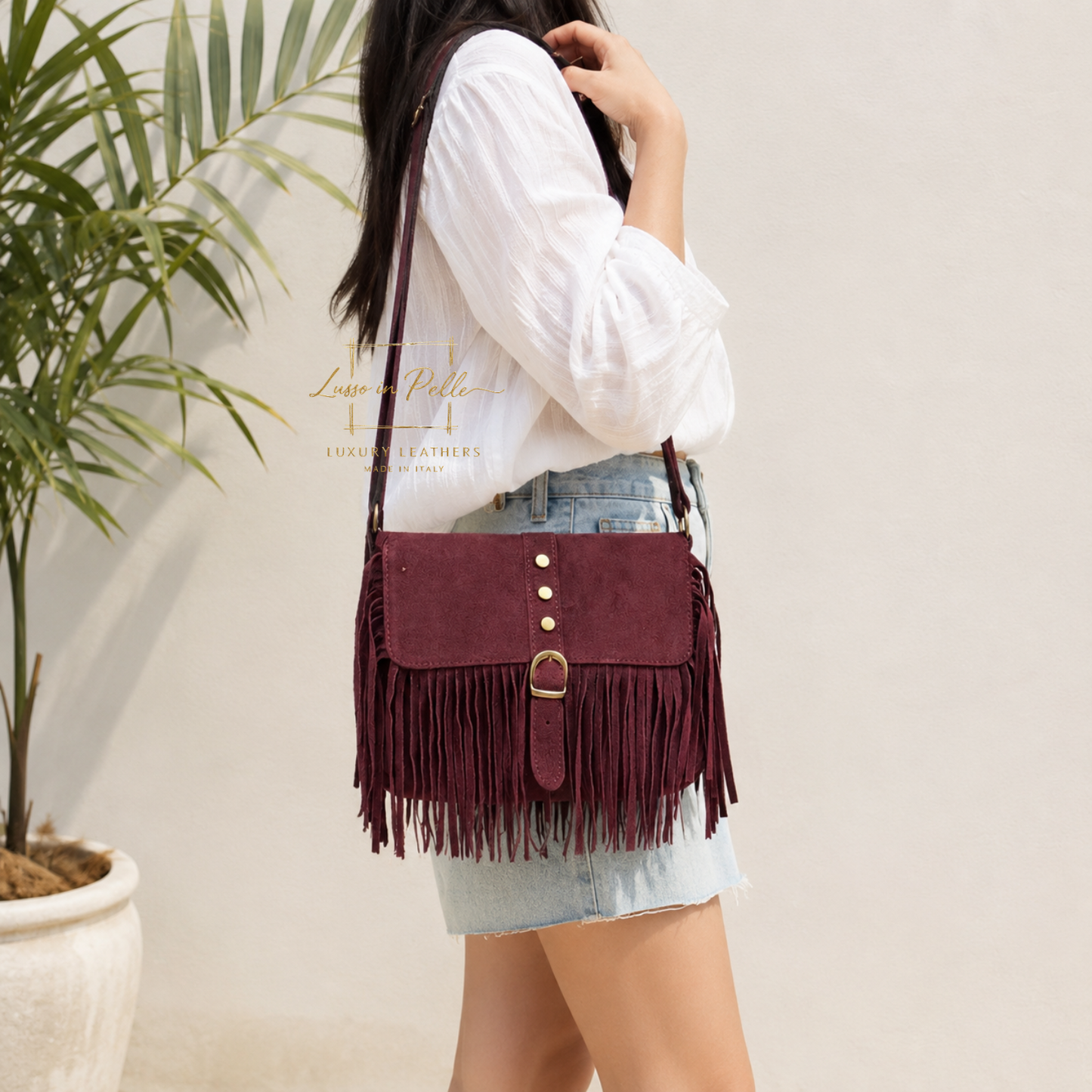 Fringe Suede Crossbody Bag with Adjustable Straps