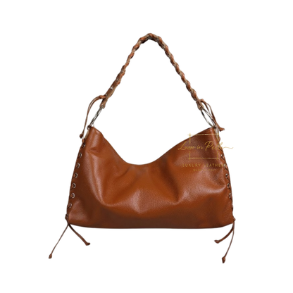 Genuine Leather Shoulder Bag with Lace-Up Detail