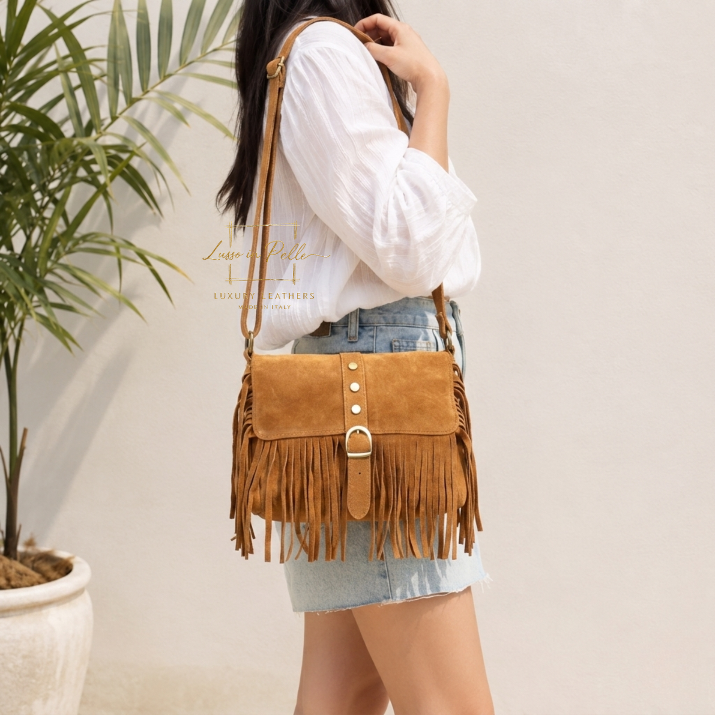 Fringe Suede Crossbody Bag with Adjustable Straps