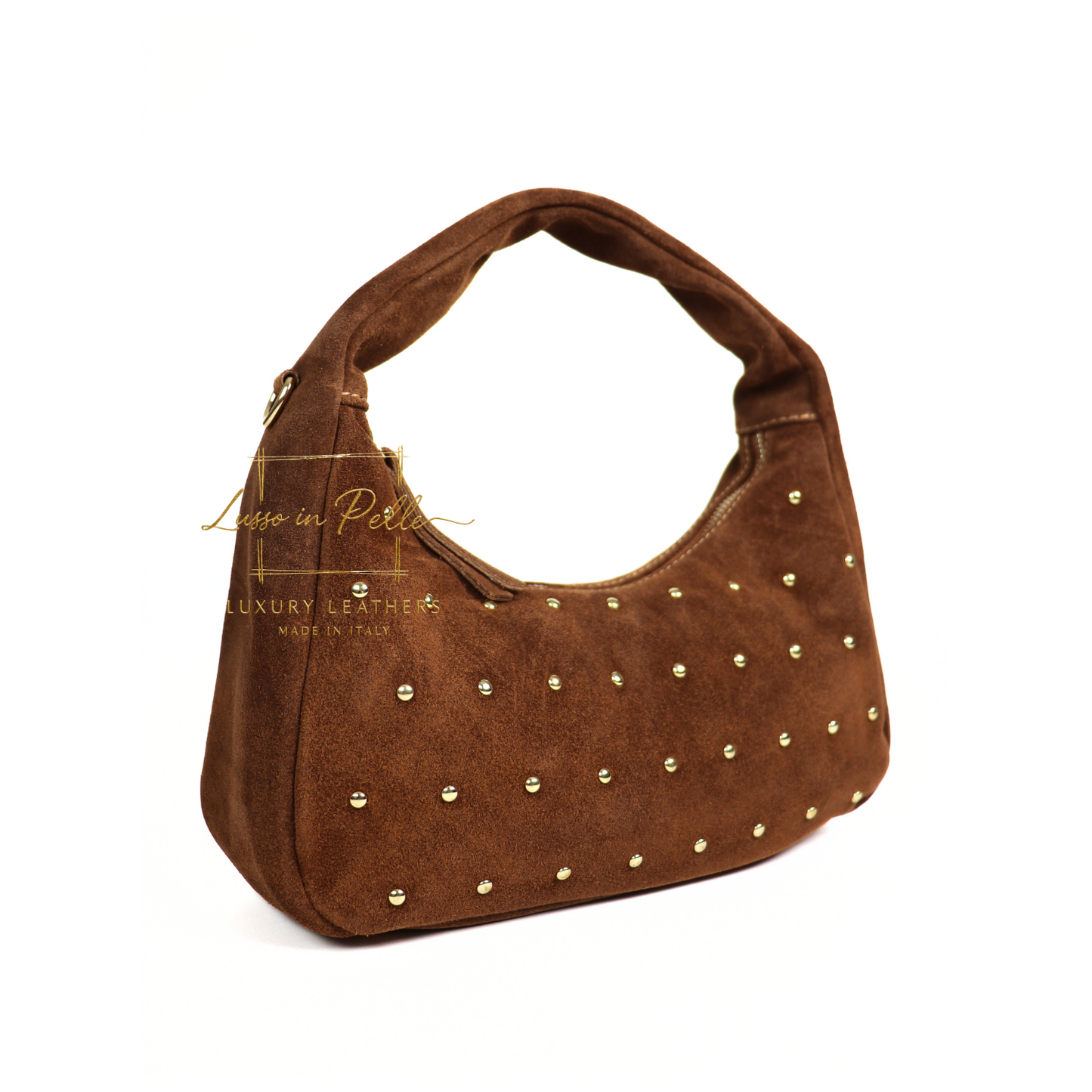 Soft Genuine Suede Shoulder Bag with Gold Stud Detail