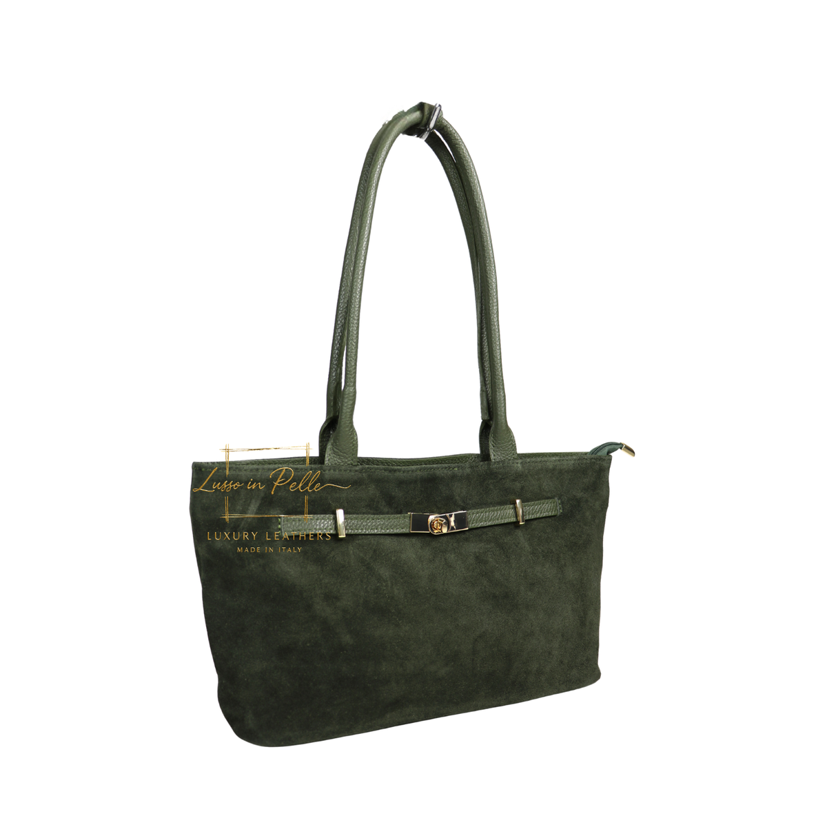 Genuine Leather Suede Shoulder Bag with Gold Turn Lock Detail